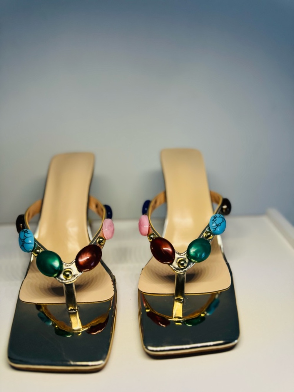 Gold-Trim Multicolor Beaded Thong Sandals - Women